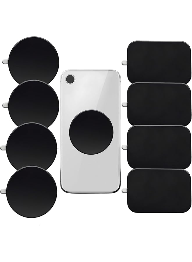 Phone Magnet Sticker, Strong Magnetic Mount Plate with Adhesive for Phone Case, Rectangular & Circular Stickers for Car Mount, Travel, Black, 8PCS