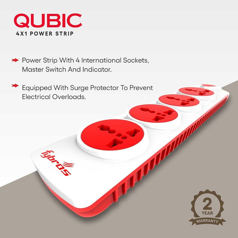 FYBROS كابل تمديد Qubic 4X1، صندوق تمديد، مقبس طاقة مع لوحة تمديد بمقابس دولية، خرج 10 أمبير، ضمان لمدة عامين، كابل ثقيل بطول 2 متر، حماية من التيار الزائد والارتفاع المفاجئ - صنع في الهند - Image 5
