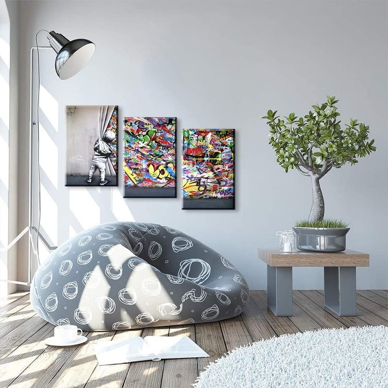 Mistyefly 3 Pieces Banksy Wall Art Behind The Curtain Canvas Prints Graffiti Wall Art Pop Art Decor Banksy Prints Street Art Colorful Paintings Banksy Artwork for Bedroom Decor (12''Wx16''Hx3PCS) - Image 3