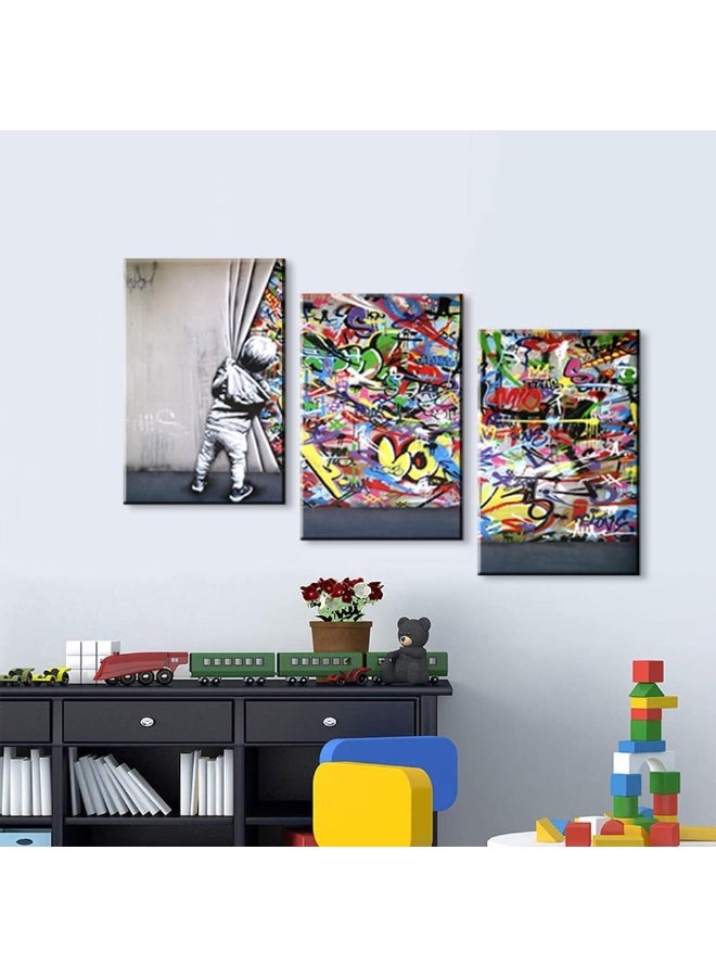 Mistyefly 3 Pieces Banksy Wall Art Behind The Curtain Canvas Prints Graffiti Wall Art Pop Art Decor Banksy Prints Street Art Colorful Paintings Banksy Artwork for Bedroom Decor (12''Wx16''Hx3PCS) - Image 5