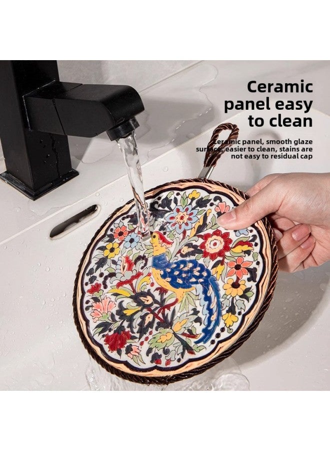 Retro Heat Insulation Pad High Temperature Resistant Casserole Anti-scalding Pad Enamel Pot Cushion Ceramic New Chinese Style Non-slip Dining Table Plate Cushion-color:Hundreds Of Birds Chasing The Phoenix + Blue Lotus  - Image 4