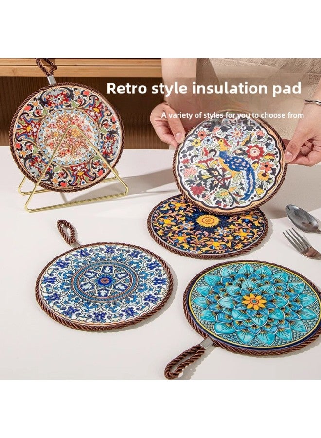 Retro Heat Insulation Pad High Temperature Resistant Casserole Anti-scalding Pad Enamel Pot Cushion Ceramic New Chinese Style Non-slip Dining Table Plate Cushion-color:Hundreds Of Birds Chasing The Phoenix + Blue Lotus  - Image 1