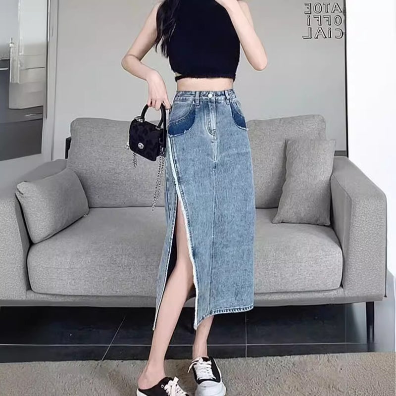 Rared High Waist Split Denim Skirt Women'S Summer Loose Overskirt Design Niche A- Line Mid-Length Skirt - Image 4