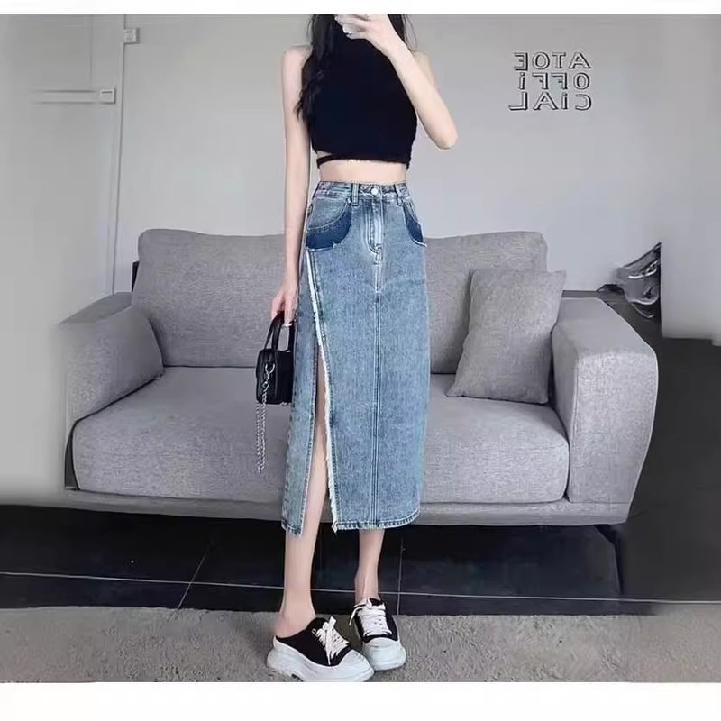 Rared High Waist Split Denim Skirt Women'S Summer Loose Overskirt Design Niche A- Line Mid-Length Skirt - Image 3