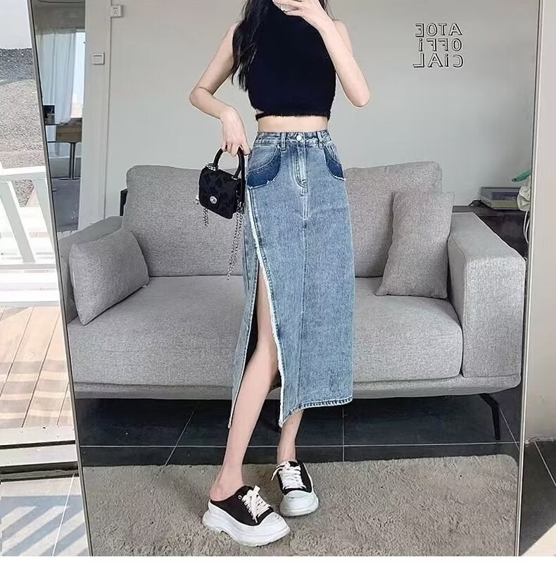 Rared High Waist Split Denim Skirt Women'S Summer Loose Overskirt Design Niche A- Line Mid-Length Skirt - Image 1