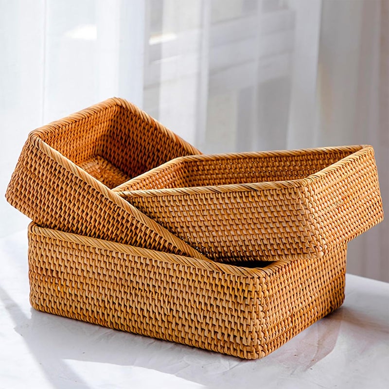 ZENFUN 3 Pack Natural Rattan Storage Baskets, Rectangular Woven Fruit Baskets for Decor, Handmade Woven Nesting Bread Baskets for Organizing, Serving, for Kitchen, Home, 3 Sizes - Image 1