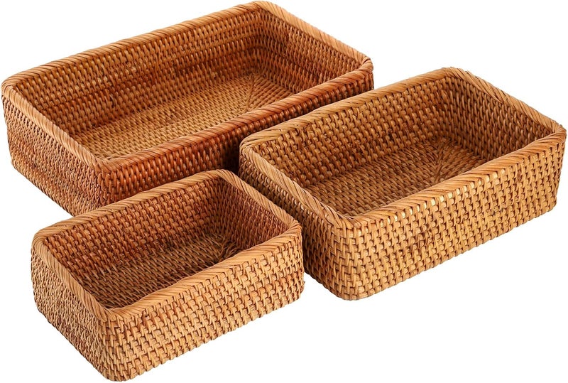 ZENFUN 3 Pack Natural Rattan Storage Baskets, Rectangular Woven Fruit Baskets for Decor, Handmade Woven Nesting Bread Baskets for Organizing, Serving, for Kitchen, Home, 3 Sizes - Image 4