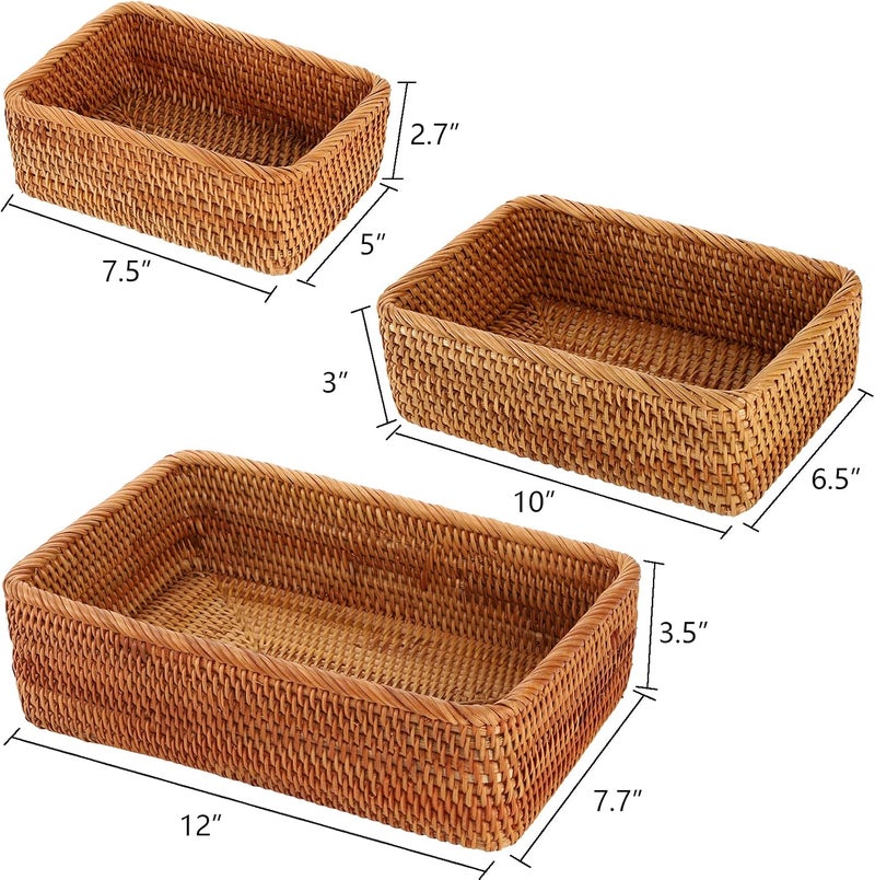 ZENFUN 3 Pack Natural Rattan Storage Baskets, Rectangular Woven Fruit Baskets for Decor, Handmade Woven Nesting Bread Baskets for Organizing, Serving, for Kitchen, Home, 3 Sizes - Image 2