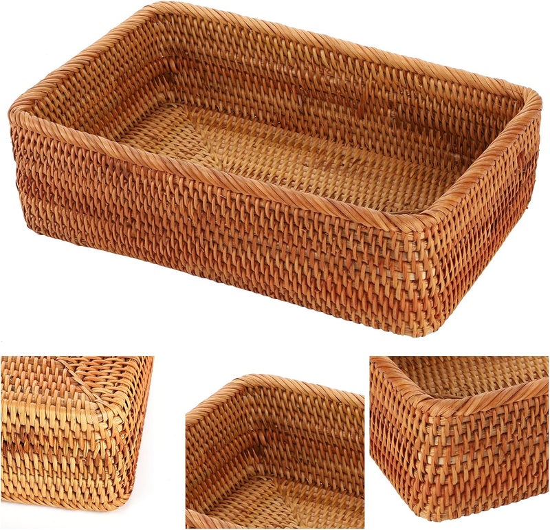 ZENFUN 3 Pack Natural Rattan Storage Baskets, Rectangular Woven Fruit Baskets for Decor, Handmade Woven Nesting Bread Baskets for Organizing, Serving, for Kitchen, Home, 3 Sizes - Image 3