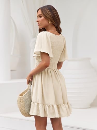 LILLUSORY Women's Flowy Casual Mini Dresses 2025 Summer Graduation Smocked V Neck Vacation Dress Dress with Pockets Apricot L - Image 2
