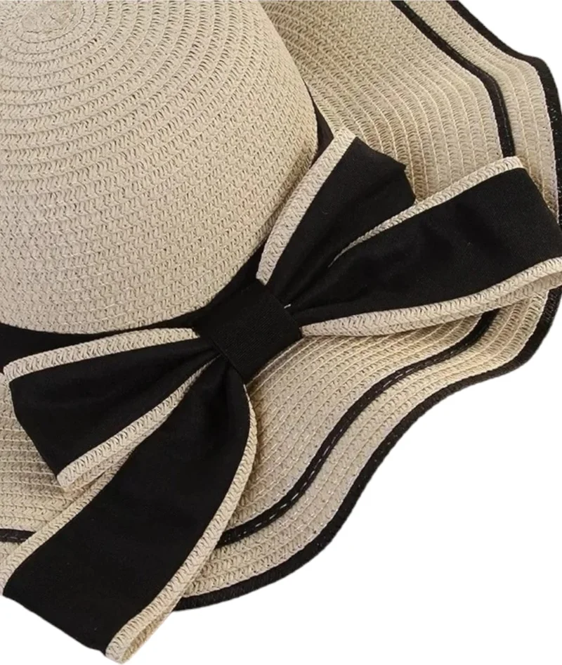 Tezzgelsin Women's Wavy Wide Brim Bow Summer Organic Straw Hat