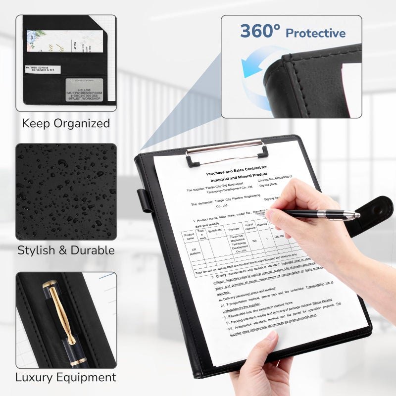 NQUBG Professional Padfolio with Clipboard, Faux Leather Portfolio Folder Binder, Legal Pad Holder for A4 Letter Size Notepad, Resume, Writing Pad, Ideal Organizer for Business Office Conference, Black, - Image 4