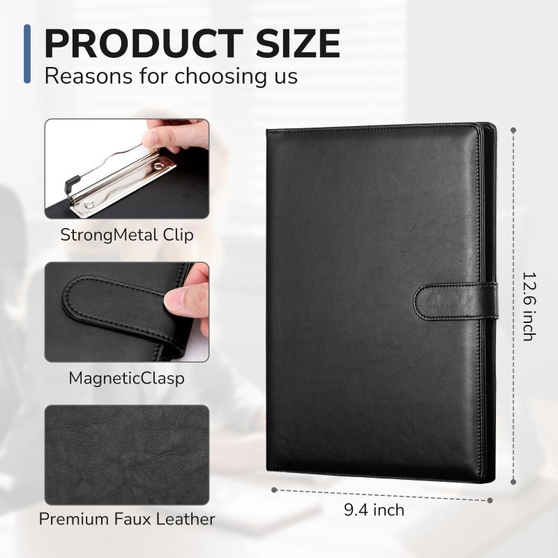 NQUBG Professional Padfolio with Clipboard, Faux Leather Portfolio Folder Binder, Legal Pad Holder for A4 Letter Size Notepad, Resume, Writing Pad, Ideal Organizer for Business Office Conference, Black, - Image 2