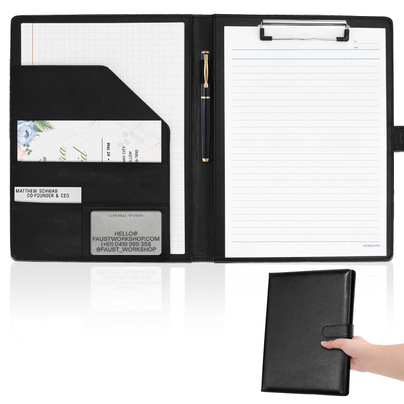 NQUBG Professional Padfolio with Clipboard, Faux Leather Portfolio Folder Binder, Legal Pad Holder for A4 Letter Size Notepad, Resume, Writing Pad, Ideal Organizer for Business Office Conference, Black, - Image 1