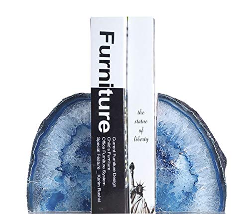 JIC Gem Dyed Blue Agate Bookends Geode Decorative Book Ends for Heavy Books with Rubber Bumpers for Office and Home Decoration Polished Small Size 2 to 3 Lbs - Image 1