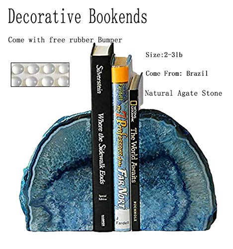 JIC Gem Dyed Blue Agate Bookends Geode Decorative Book Ends for Heavy Books with Rubber Bumpers for Office and Home Decoration Polished Small Size 2 to 3 Lbs - Image 2