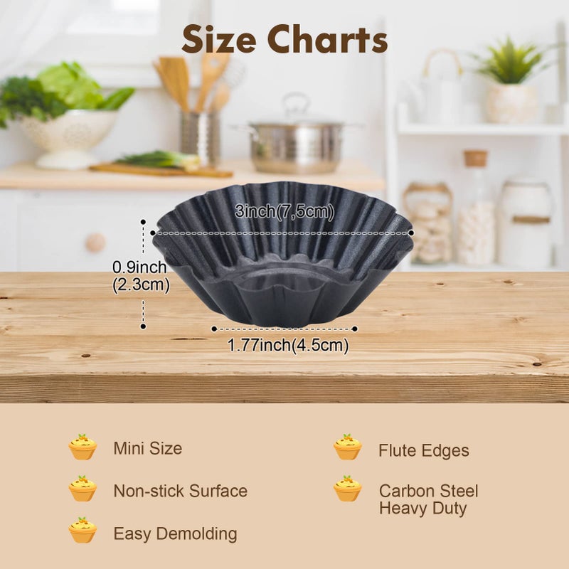 RICHSC-PAN Egg Tart Molds, 12 PCS Non-Stick Very Mini Tart Pans, Mini Tart Mold 3 InchTop, 1.7 Inch Bottom, 0.9Inch High, Carbon Steel, Kitchen Reusable Baking Tools. - Image 2
