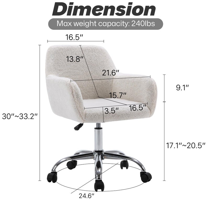 KCC Faux Fur Vanity Makeup Desk Chair, Comfy Fluffy Swivel Modern Leisure Armchair with Wheels, Upholstered Fuzzy Height Adjustable for Teens Women Girls Elegant Home Office - Image 2