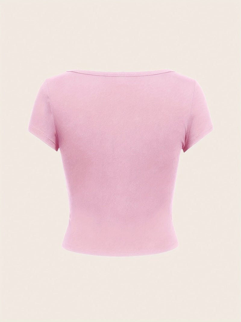 2pcs Women'S Round Neck Short - Sleeved Slim - Fit Short Top, Spring, Summer And Autumn - Pink+Burgundy / XS - Image 2