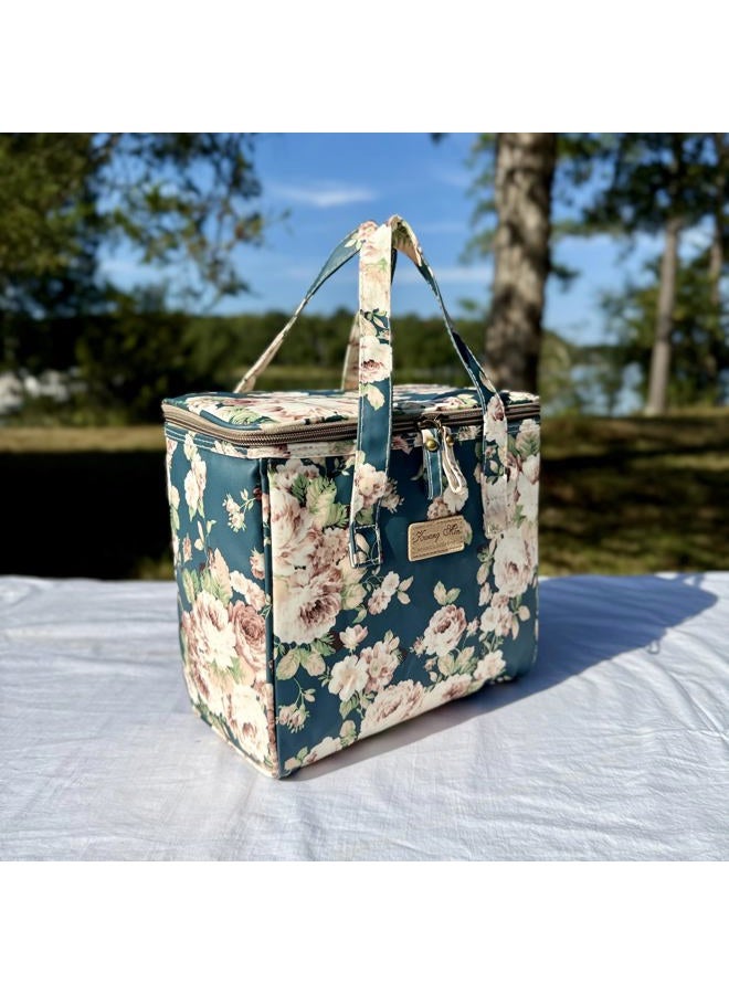 Kwang Min Floral Insulated Lunch Bag for Women,Reusable Lunch Box,Large Cooler for Office,Picnic Outdoors,Premium Waterproof Fabric,Ideal Gift for Adults (Peony Navy) - Image 2