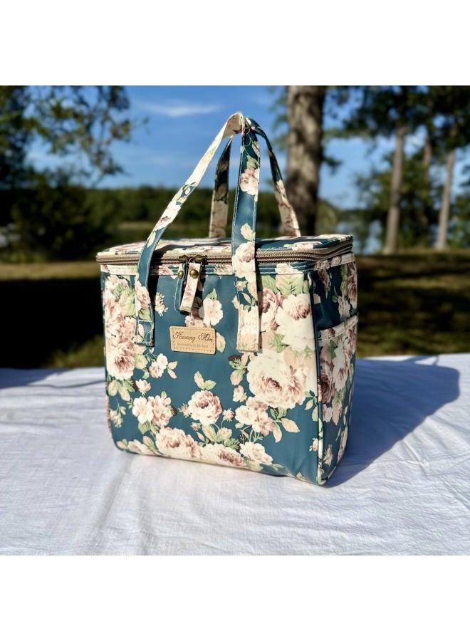 Kwang Min Floral Insulated Lunch Bag for Women,Reusable Lunch Box,Large Cooler for Office,Picnic Outdoors,Premium Waterproof Fabric,Ideal Gift for Adults (Peony Navy) - Image 4