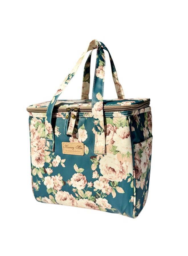 Kwang Min Floral Insulated Lunch Bag for Women,Reusable Lunch Box,Large Cooler for Office,Picnic Outdoors,Premium Waterproof Fabric,Ideal Gift for Adults (Peony Navy) - Image 1