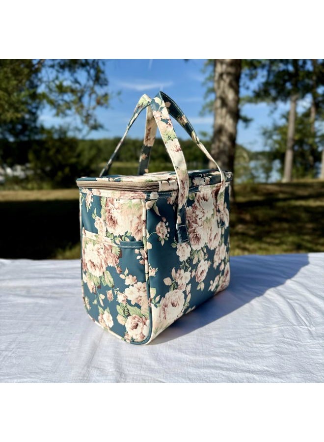 Kwang Min Floral Insulated Lunch Bag for Women,Reusable Lunch Box,Large Cooler for Office,Picnic Outdoors,Premium Waterproof Fabric,Ideal Gift for Adults (Peony Navy) - Image 3