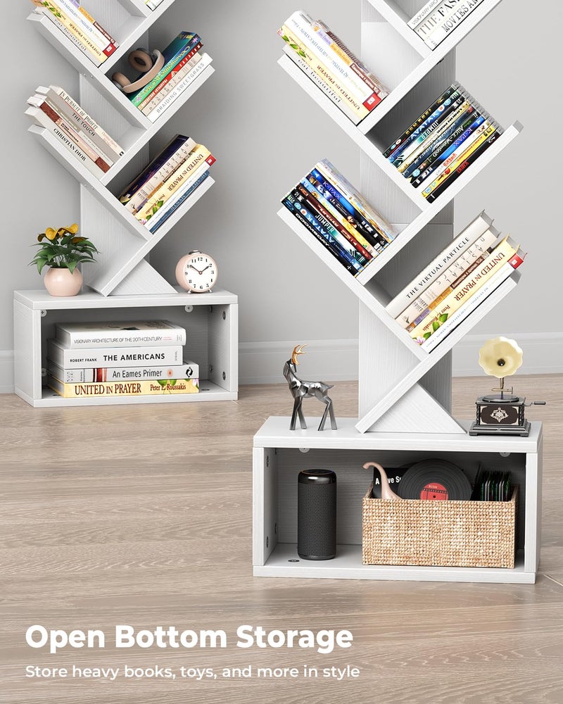 Evermagin 6 Tier Tree Bookshelf with Light, Narrow Bookcase Tower, Tall Floor Standing Book Shelf Organizer with Storage Cabinet for Living Room, Bedroom and Home Office, White - Image 4