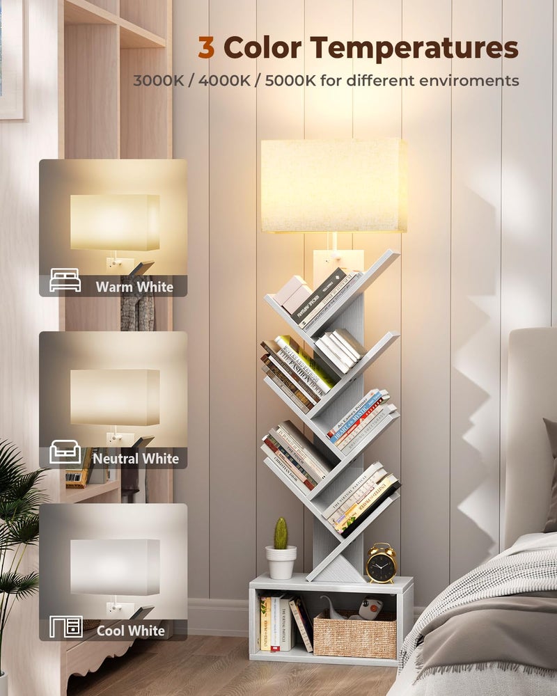 Evermagin 6 Tier Tree Bookshelf with Light, Narrow Bookcase Tower, Tall Floor Standing Book Shelf Organizer with Storage Cabinet for Living Room, Bedroom and Home Office, White - Image 3