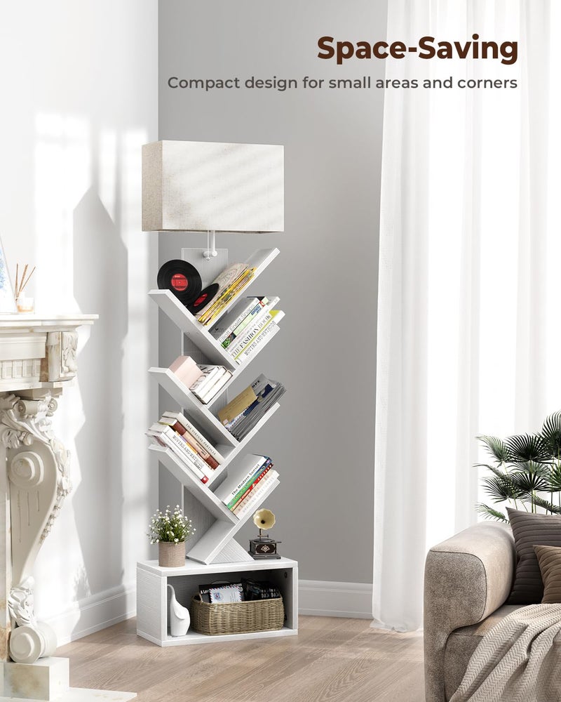 Evermagin 6 Tier Tree Bookshelf with Light, Narrow Bookcase Tower, Tall Floor Standing Book Shelf Organizer with Storage Cabinet for Living Room, Bedroom and Home Office, White - Image 5