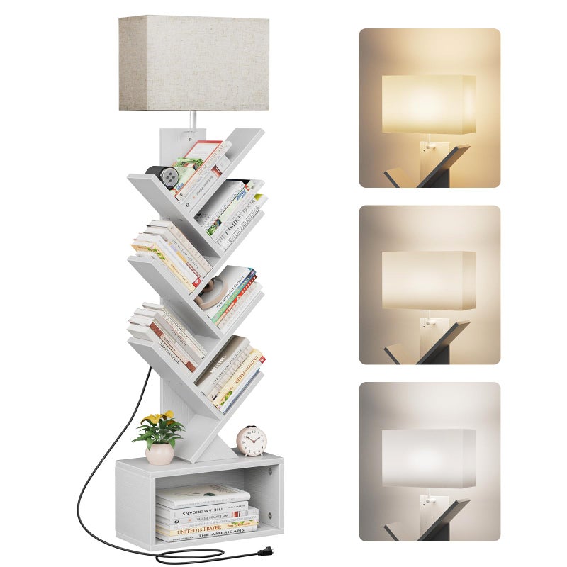 Evermagin 6 Tier Tree Bookshelf with Light, Narrow Bookcase Tower, Tall Floor Standing Book Shelf Organizer with Storage Cabinet for Living Room, Bedroom and Home Office, White - Image 1