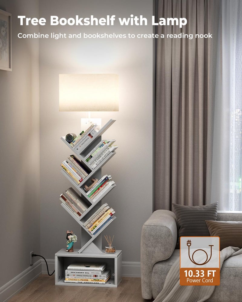 Evermagin 6 Tier Tree Bookshelf with Light, Narrow Bookcase Tower, Tall Floor Standing Book Shelf Organizer with Storage Cabinet for Living Room, Bedroom and Home Office, White - Image 2