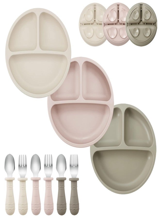 PandaEar 9-Piece Toddler Plates & Utensils Set, 3-Pack Suction Plates with 3 Spoons & 3 Forks, Silicone Baby Feeding Set - Image 1