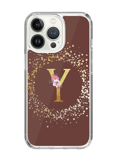 Classic Clear Case For iPhone 15 Pro, Hybrid Soft Case Flexible Edges Thin Cover- Custom Monogram Initial Letter Floral Pattern Alphabet - Y (Brown)