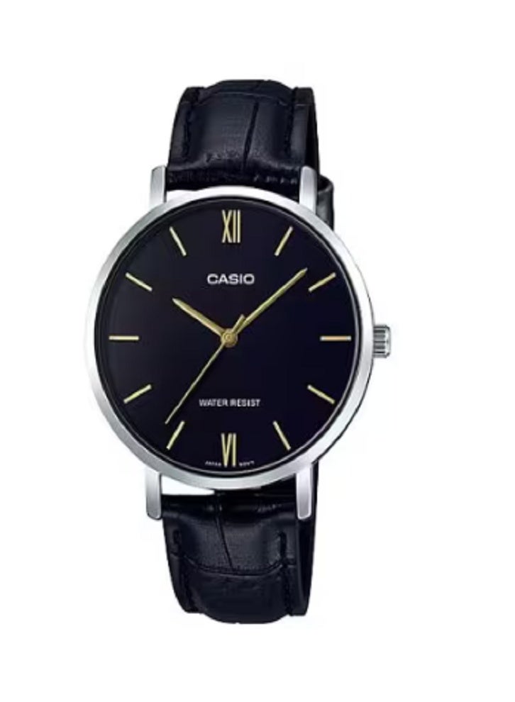 Casio Men's Classic Analog Watch – Black Dial with Roman Numerals & Leather Strap