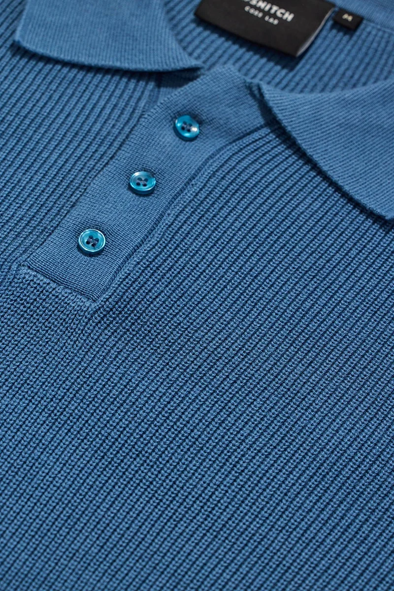 SNITCH Blue Solid Long Sleeve Slim Fit Casual T-Shirt