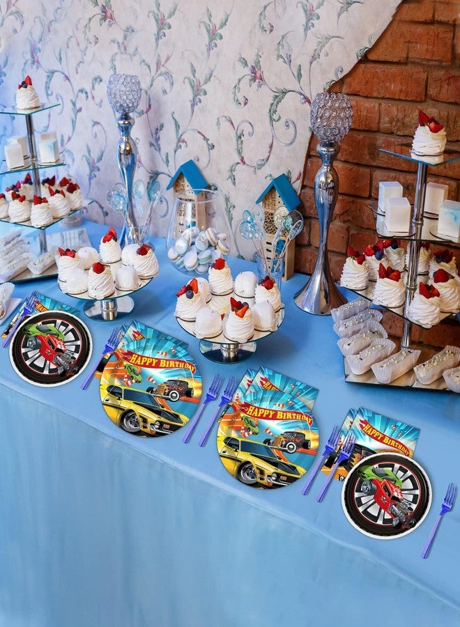 Tevxj 96 Pcs Hot Race Car Birthday Paper Plates and Napkins Racing Party Decorations Hot Car Tableware Set Racing Happy Birthday Dessert Disposable Dinnerware for Boys Girls 24 Guests Party Supplies - Image 5