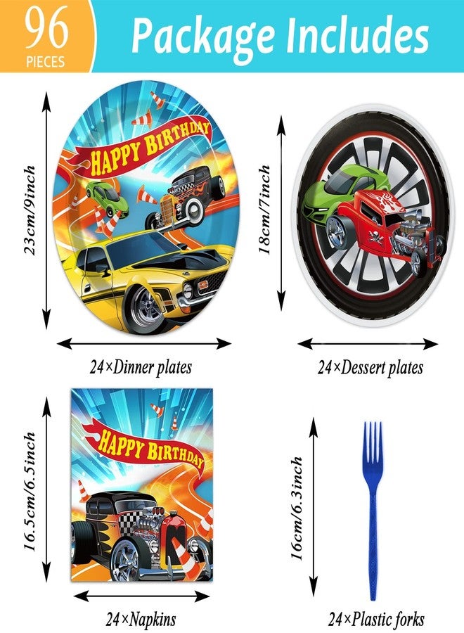 Tevxj 96 Pcs Hot Race Car Birthday Paper Plates and Napkins Racing Party Decorations Hot Car Tableware Set Racing Happy Birthday Dessert Disposable Dinnerware for Boys Girls 24 Guests Party Supplies - Image 2
