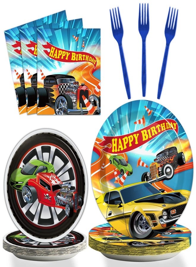Tevxj 96 Pcs Hot Race Car Birthday Paper Plates and Napkins Racing Party Decorations Hot Car Tableware Set Racing Happy Birthday Dessert Disposable Dinnerware for Boys Girls 24 Guests Party Supplies - Image 1