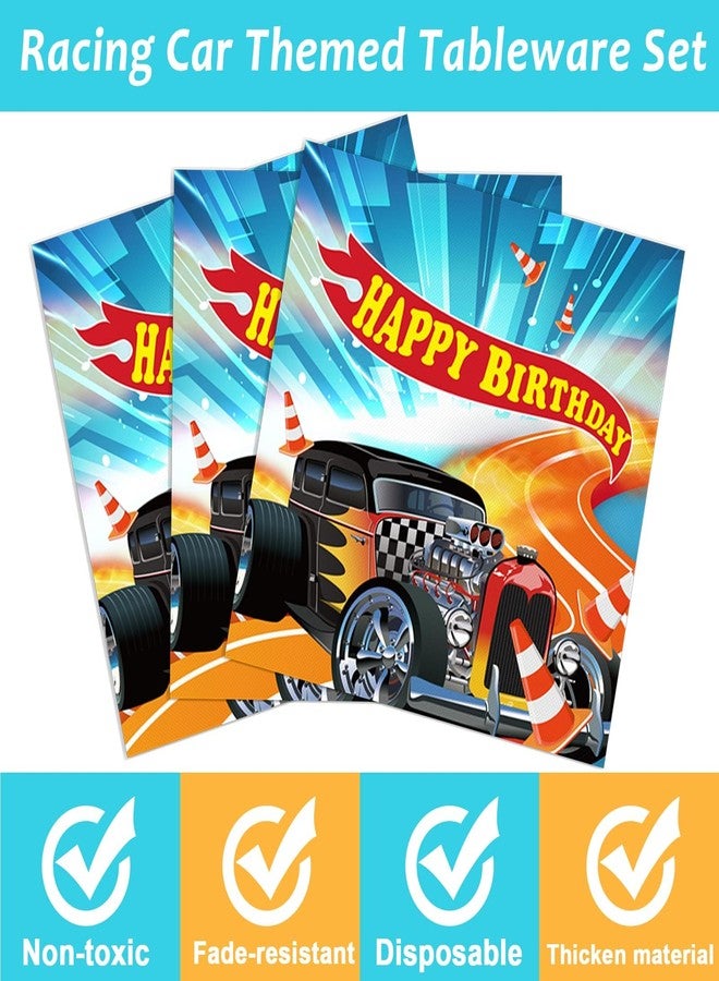 Tevxj 96 Pcs Hot Race Car Birthday Paper Plates and Napkins Racing Party Decorations Hot Car Tableware Set Racing Happy Birthday Dessert Disposable Dinnerware for Boys Girls 24 Guests Party Supplies - Image 3