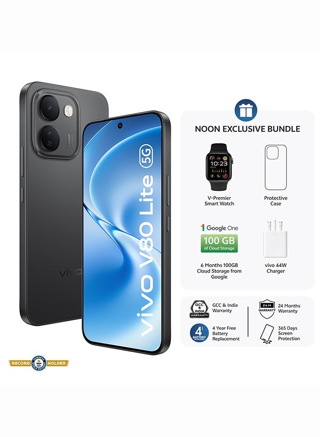 vivo V80 Lite AI Dual SIM 5G Black 8GB 128GB With Exclusive Gifts Smartwatch,44W Charger And 24 Months Warranty + 1 Year Screen Replacement - Middle East Version - Image 1