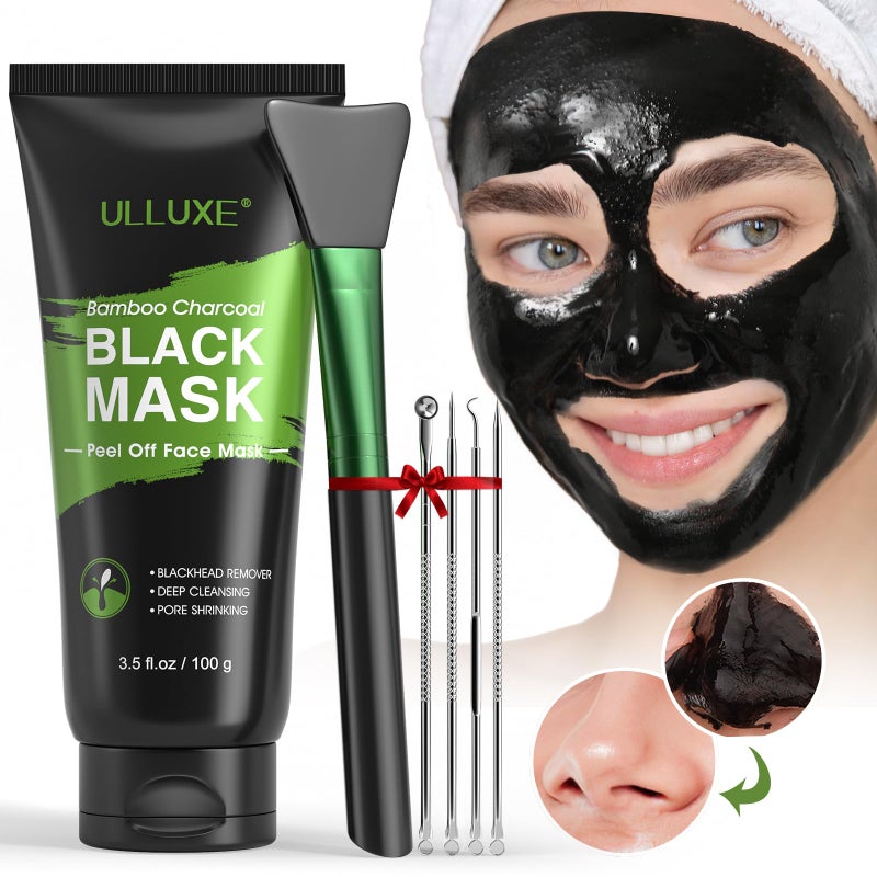 ulluxe Blackhead Remover Mask Kit, Charcoal Peel Off Mask for Face Nose Blackheads Acne and Deep Pores Cleansing, Black Face Mask Peel, Charcoal Mask with Brush and Pimple Extractors, (3.5 Fl.oz) - Image 2