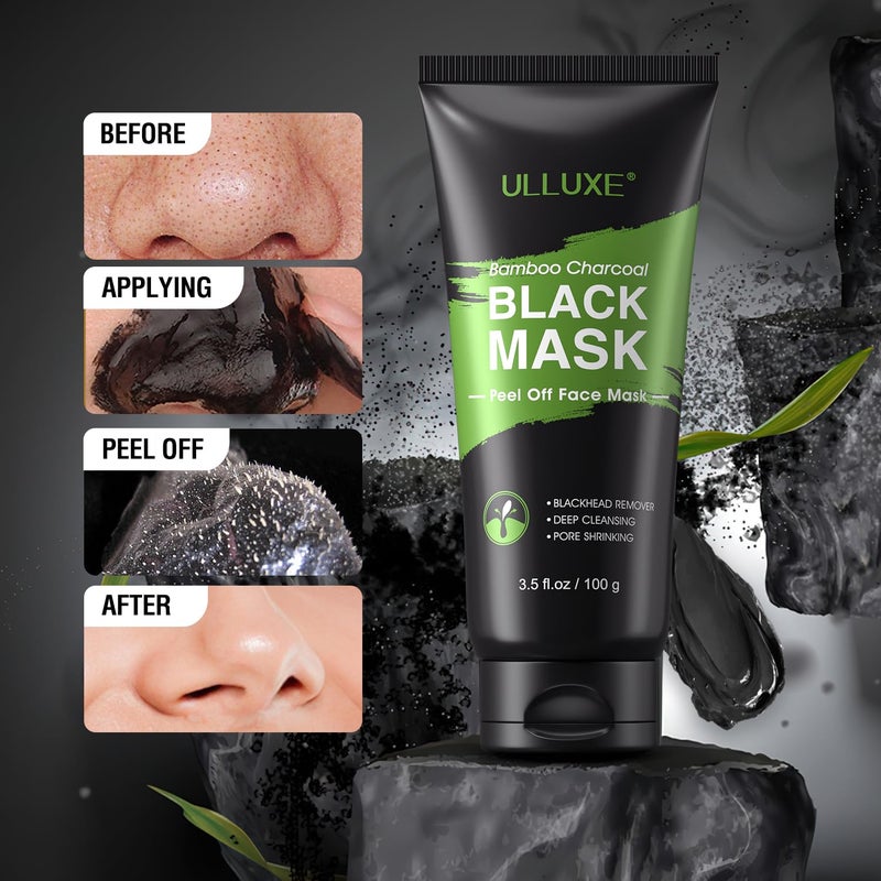 ulluxe Blackhead Remover Mask Kit, Charcoal Peel Off Mask for Face Nose Blackheads Acne and Deep Pores Cleansing, Black Face Mask Peel, Charcoal Mask with Brush and Pimple Extractors, (3.5 Fl.oz) - Image 4