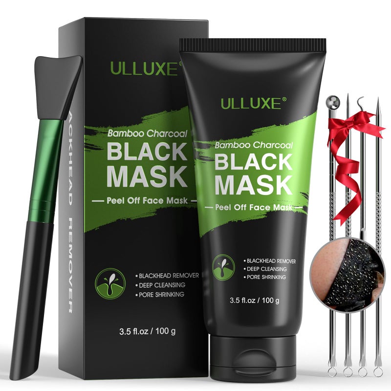 ulluxe Blackhead Remover Mask Kit, Charcoal Peel Off Mask for Face Nose Blackheads Acne and Deep Pores Cleansing, Black Face Mask Peel, Charcoal Mask with Brush and Pimple Extractors, (3.5 Fl.oz) - Image 1