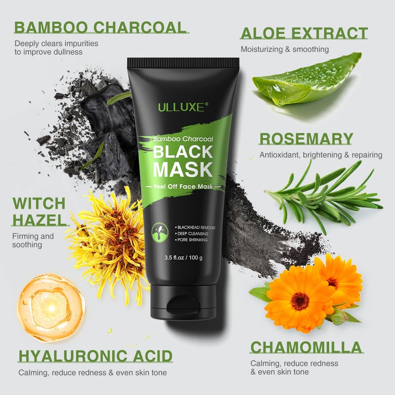ulluxe Blackhead Remover Mask Kit, Charcoal Peel Off Mask for Face Nose Blackheads Acne and Deep Pores Cleansing, Black Face Mask Peel, Charcoal Mask with Brush and Pimple Extractors, (3.5 Fl.oz) - Image 5