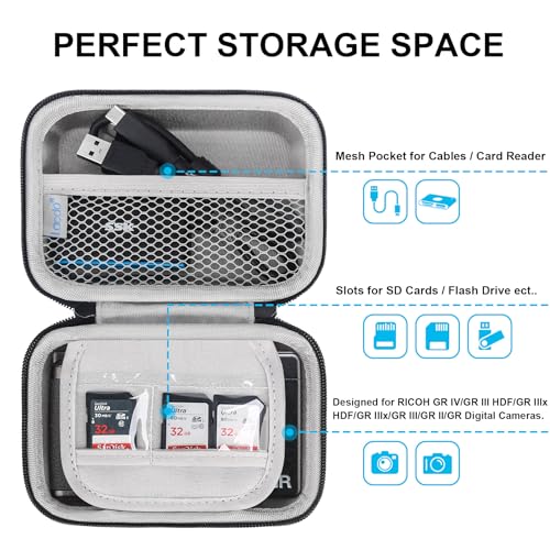 Lacdo Camera Case for RICOH GR IVRICOH GR III HDFGR IIIx HDFGR IIIxGR IIIGR IIGR Digital Camera Hard Protective Camera Storage Trave Bag Mesh Pocket fits Batteries USB Cable Gray - Image 3