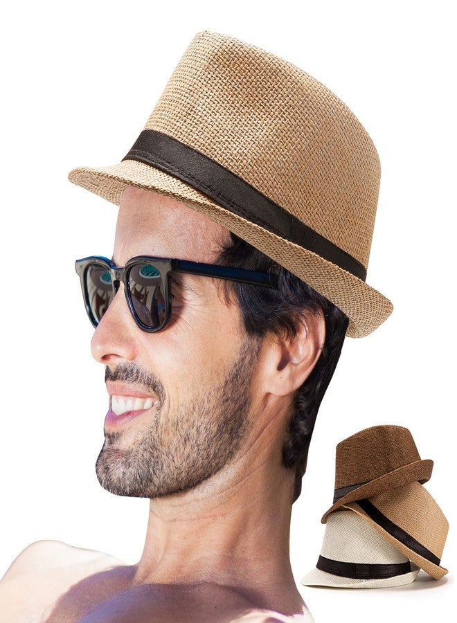 LADYBRO Mens Fedora Hat Men Hats Straw Hat Men Summer Fedora Havana Hat Men Fedora Cuban (Pack of 3 (Milky White,Coffee,Khaki)) - Image 1