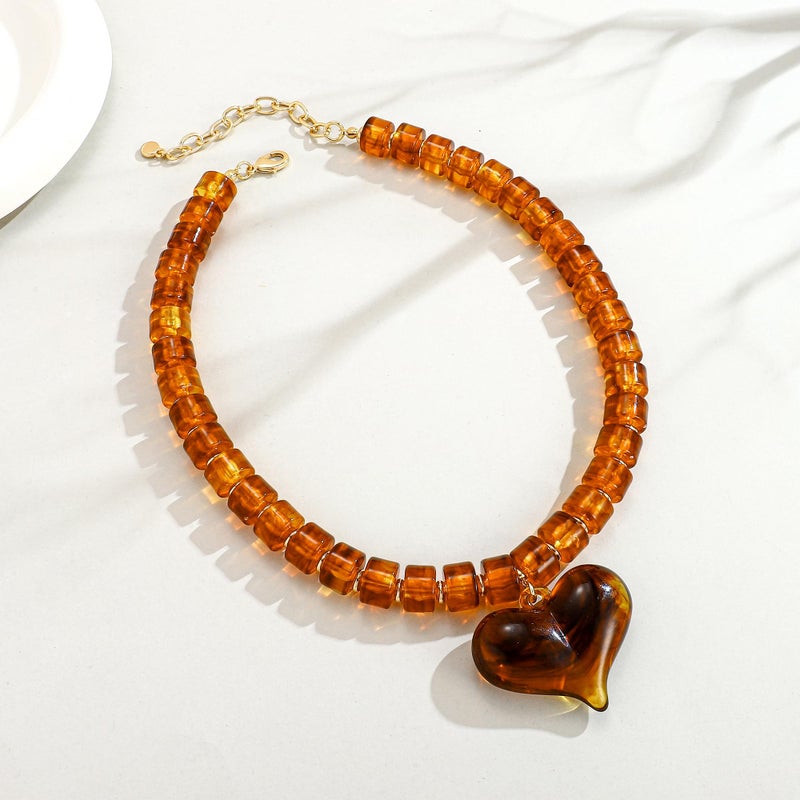 WOWORAMA Resin Chunky Heart Necklace for Women Brown Acrylic Beaded Choker Necklaces Boho Vintage Statement Chunky Necklace Trendy Acrylic Choker Jewelry - Image 5