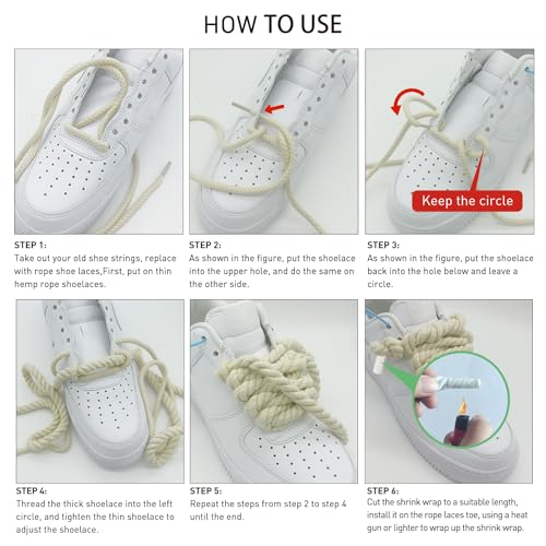 NDTEZUGT 13/32''(1cm) Thick Rope Shoe Laces Strings for Air Force 1, Round Cotton Chunky Shoelaces Replacement Laces for Sneakers (White-02, 54''/140cm) - Image 4