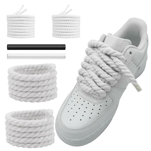 NDTEZUGT 13/32''(1cm) Thick Rope Shoe Laces Strings for Air Force 1, Round Cotton Chunky Shoelaces Replacement Laces for Sneakers (White-02, 54''/140cm) - Image 1